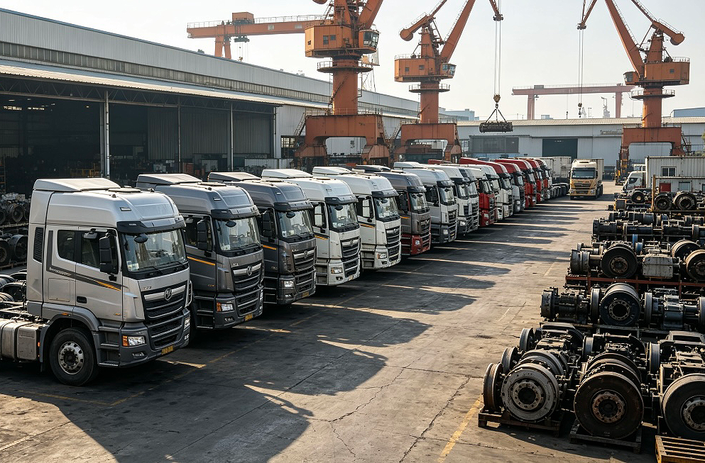 HOWO and SHACMAN tractor and dump trucks in outdoor storage yard