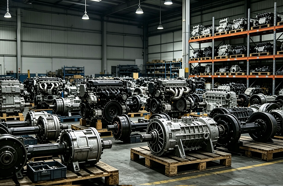 Indoor spare parts warehouse rows of engines gearboxes and axles