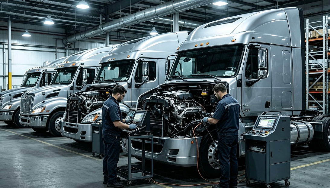Technician run-testing a Weichai diesel engine before shipment