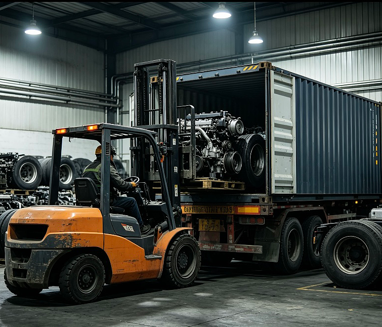 Team loading truck parts and engines into a shipping container at Xiongtu warehouse
