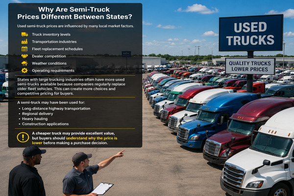Large commercial truck yard showing multiple used semi-trucks available for purchase