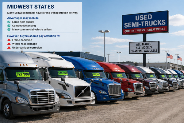 Large commercial truck yard showing multiple used semi-trucks available for purchase