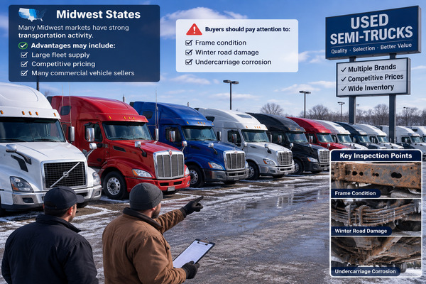 Large commercial truck yard showing multiple used semi-trucks available for purchase