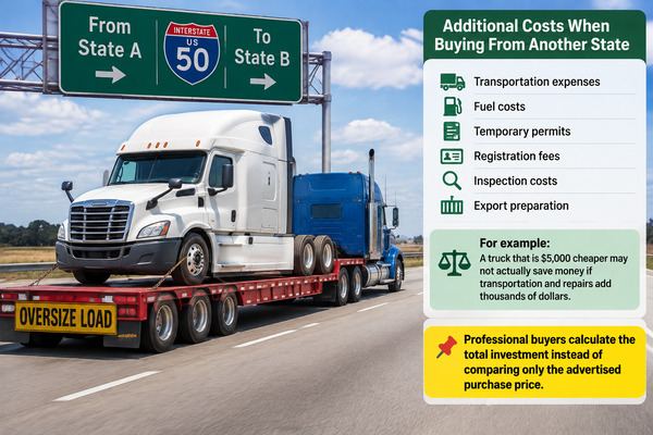 Large commercial truck yard showing multiple used semi-trucks available for purchase