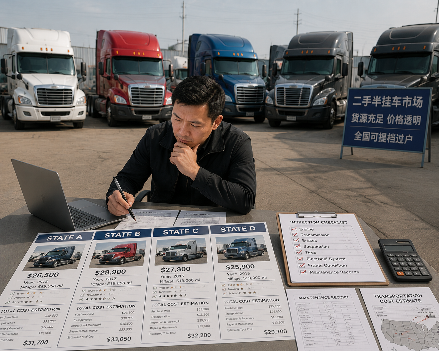 buying a used semi-truck can significantly reduce upfront expenses and allow companies to increase transportation capacity faster Buyer comparing used semi-truck prices from different states while inspecting trucks in a commercial vehicle market
