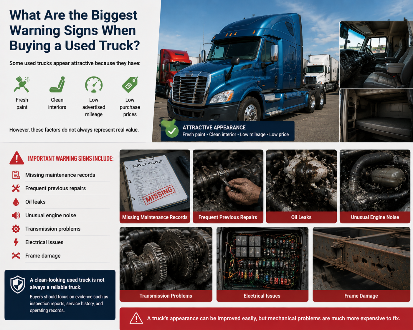 Used semi-truck prices are affected by local market conditions Large used semi-truck marketplace showing different trucks from multiple states ready for inspection
