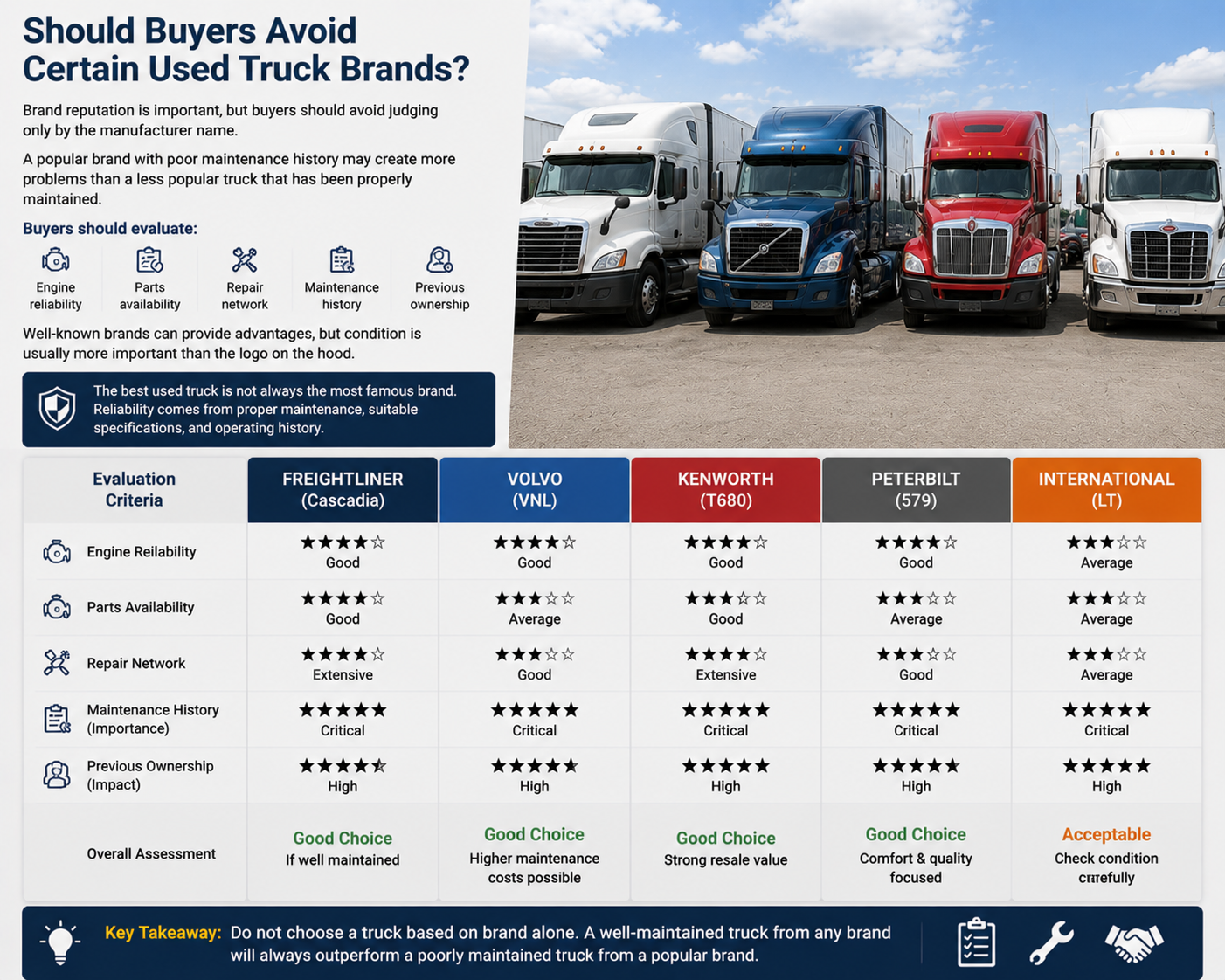 some states often provide competitive pricing because of their large commercial vehicle markets Used semi-trucks parked at a dealership lot in different states with buyers comparing conditions