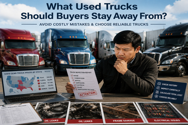 the purchase price is only one part of the total investment Buyer comparing different used tractor trailers with price information and inspection records in a commercial truck yard