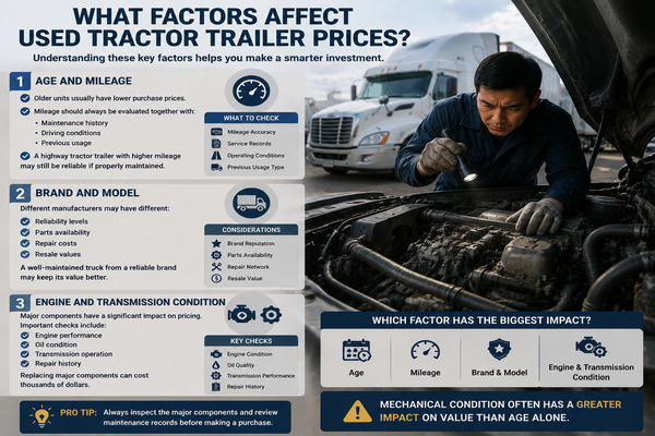 The previous working environment strongly affects value Used tractor trailers showing different applications including highway hauling, regional delivery, and heavy-duty work