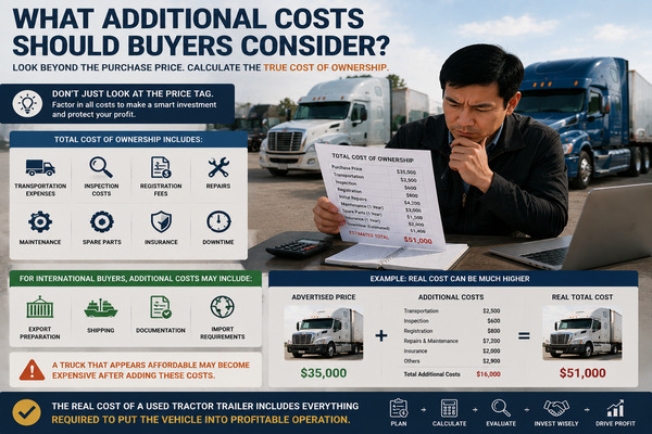 The goal is to find a reliable unit that can continue generating income Professional buyer inspecting used tractor trailer with checklist and vehicle documents