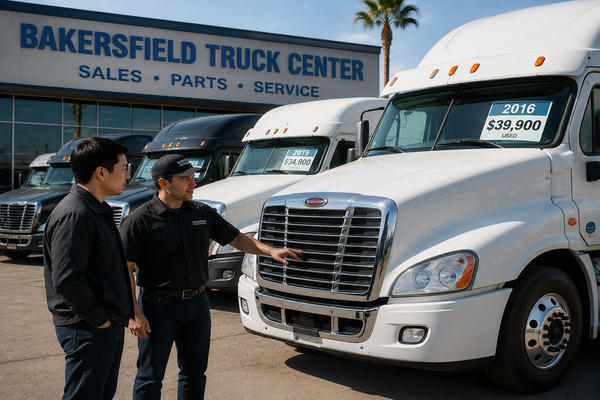 These costs can quickly eliminate the initial price advantage Chinese buyer visiting a Bakersfield truck center and inspecting used semi-trucks in a commercial dealership yard