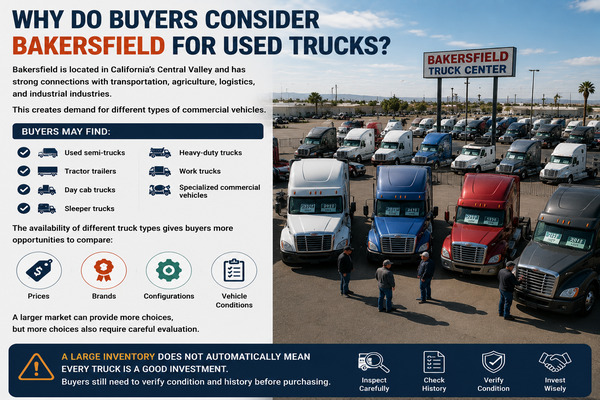 used truck buyers can often find a wide range of vehicle options. Large commercial truck yard in Bakersfield showing multiple used trucks ready for customer inspection