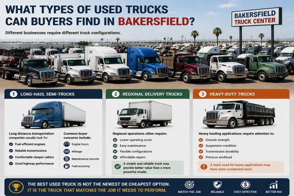 buyers should understand how different truck types are designed for different application Different used commercial trucks in Bakersfield including sleeper trucks, day cabs, and heavy-duty models