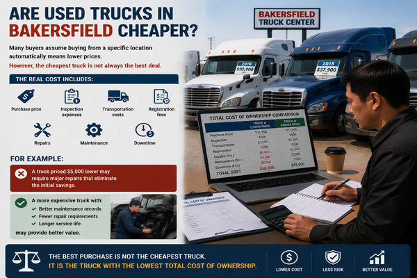 Bakersfield can be an option for international buyers looking for used commercial trucks in California International buyer reviewing export documents while inspecting a used truck in California
