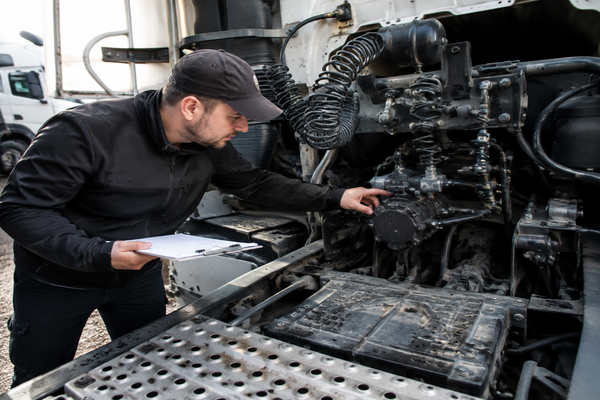 Truck buyer inspecting a used semi-truck PTO system and mechanical components during a vehicle evaluation