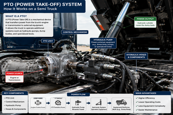 Detailed view of a semi-truck PTO system connected to hydraulic equipment during professional inspection