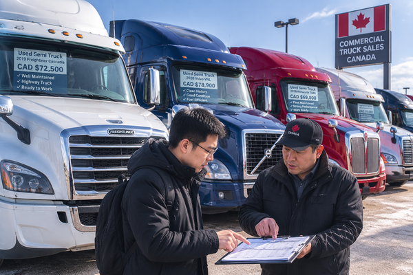 more expensive truck with complete maintenance records may provide much better long-term value Chinese truck buyer comparing commercial truck prices in Canada while inspecting different used trucks at a commercial dealership yard