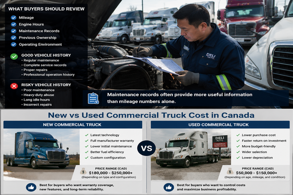 may provide better value than a newer truck with unknown background Different commercial trucks in Canada including delivery trucks, medium-duty trucks, and semi tractors with price comparison information