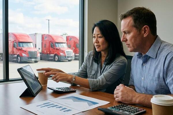 Maintenance records often provide more useful information than mileage numbers alone Professional mechanic inspecting used commercial truck mileage, engine condition, and maintenance records before purchase