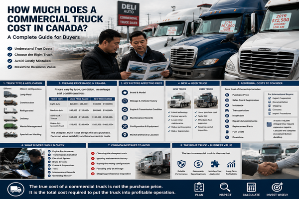 The best commercial truck is not always the most expensive model. It is the truck that matches the job requirements. Buyer comparing different commercial truck configurations in Canada including sleeper trucks, dump trucks, and specialized vehicles