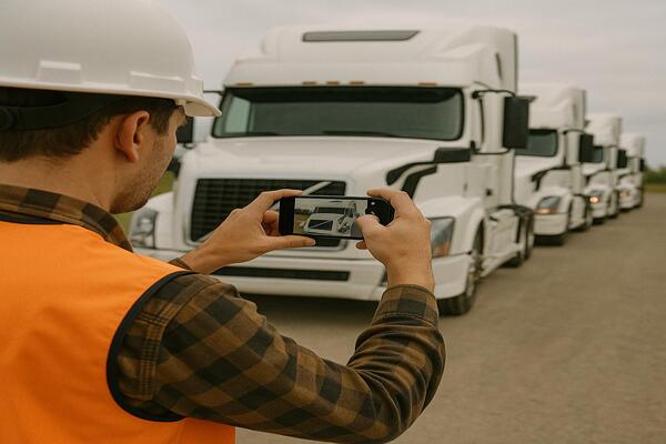 A professional listing can help attract serious buyers and increase the chance of a successful sale Truck owner creating a Facebook truck sale listing while photographing a commercial truck in a dealership yard