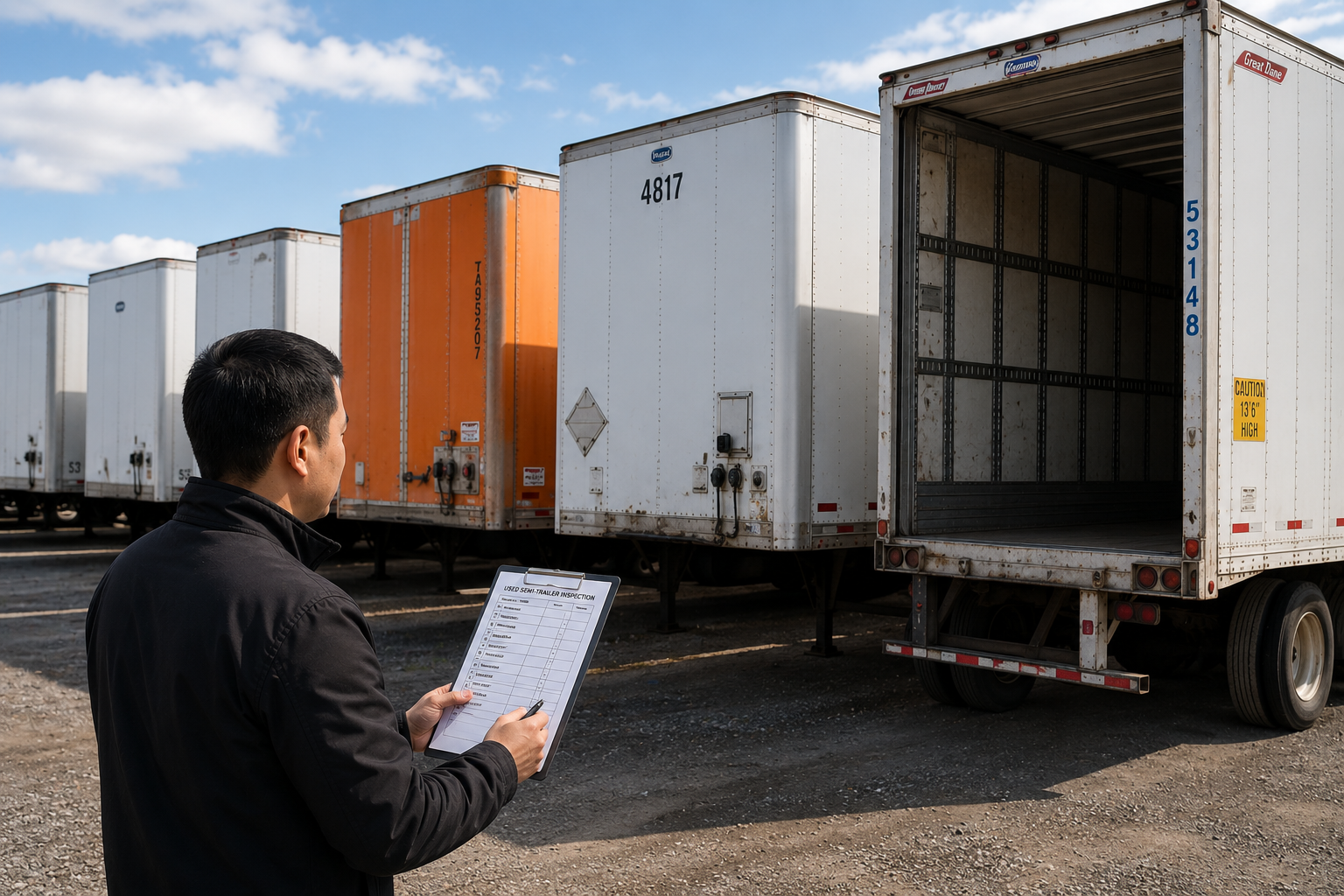Chinese commercial truck buyer comparing several used semi-trailers in a North American truck yard while evaluating condition and market value