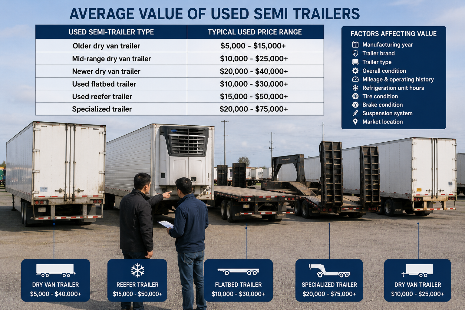 Different used semi-trailers including dry vans, reefers, and flatbeds displayed in a commercial truck yard with buyers comparing their values
