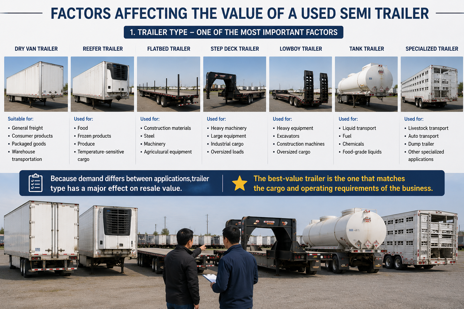 Chinese buyer comparing dry van, refrigerated, flatbed, and specialized used semi-trailers based on different cargo applications