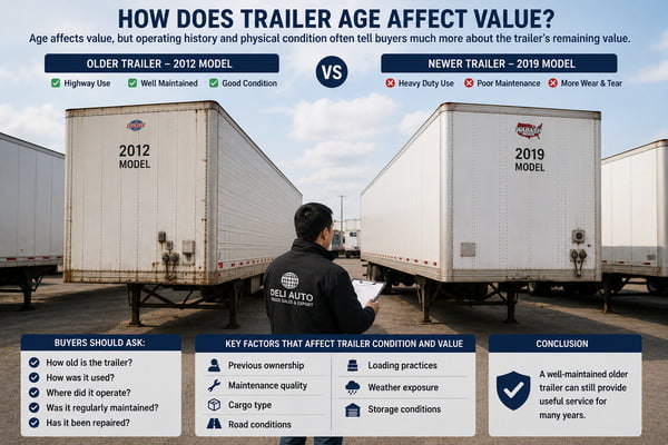 Older and newer used semi-trailers parked side by side while a Chinese buyer compares their age, condition, and remaining service life