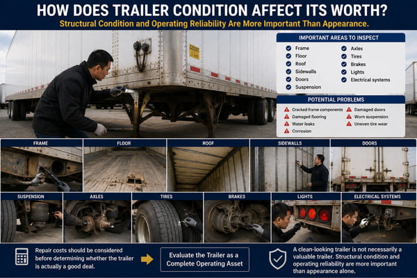Professional mechanic inspecting the frame, floor, doors, suspension, tires, and structural condition of a used semi-trailer