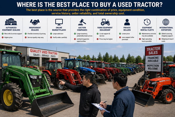 Chinese agricultural equipment buyer comparing used tractors from different sellers at a large North American equipment dealership yard