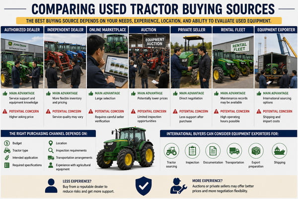 Comparison of different used tractor buying sources including dealership, auction, private seller, online marketplace, and equipment exporter