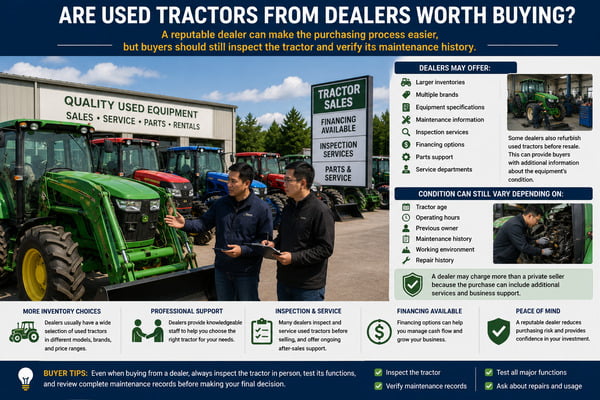 Chinese buyer inspecting a used agricultural tractor with a professional equipment dealer at a North American tractor dealership