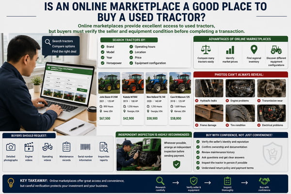 Chinese agricultural equipment buyer researching used tractors on an online marketplace while comparing prices, specifications, photos, and maintenance records