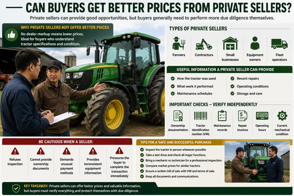 Chinese buyer meeting a private tractor seller on a farm and inspecting a used agricultural tractor before purchase