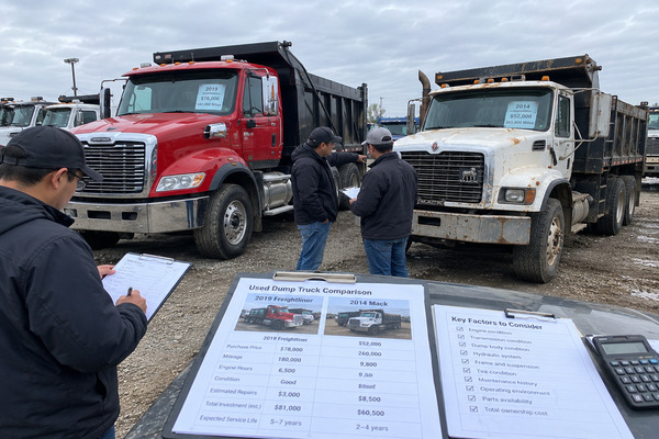 The money saved at purchase only creates value if the dump truck can continue operating reliably and productively after the purchase Commercial truck buyer comparing the purchase cost and long-term operating value of a newer dump truck and a well-maintained used dump truck in a realistic truck dealership yard