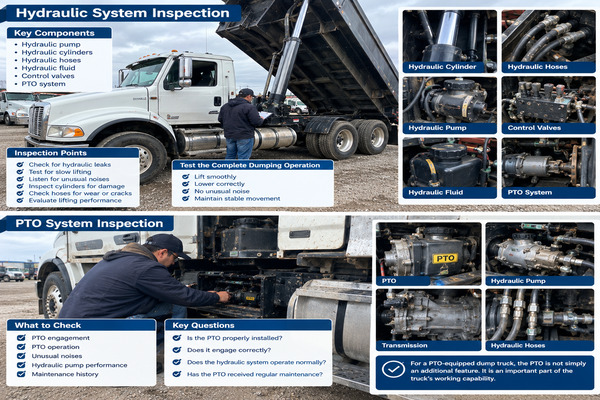 A dump truck cannot perform its primary function without a reliable hydraulic system, making hydraulic condition one of the most important factors in determining used truck value Professional mechanic testing a used dump truck hydraulic lifting system, PTO, hydraulic cylinders, hoses, and dump body operation in a commercial truck yard