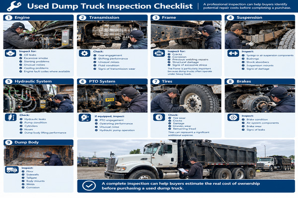 A complete inspection can help buyers estimate the real cost of ownership before purchasing a used dump truck Professional mechanic performing a detailed inspection of a used dump truck engine, transmission, frame, suspension, tires, brakes, PTO, hydraulic system, and dump body