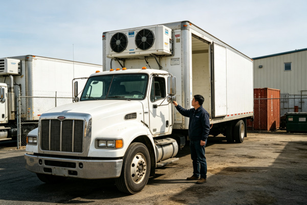 Box trucks are a practical choice for businesses that need an enclosed cargo area and frequent local or regional deliveries. Chinese logistics operator inspecting an enclosed box truck used for package delivery and general freight transportation in a North American commercial vehicle yard