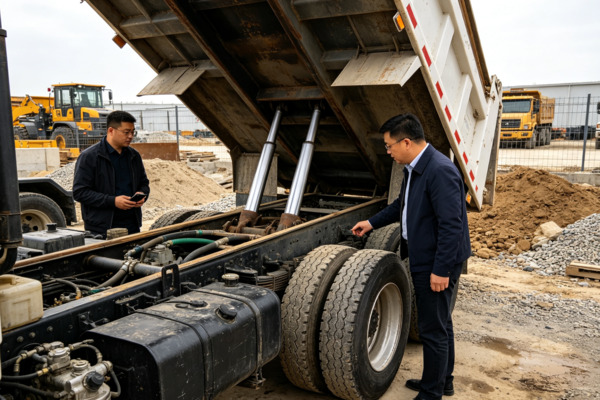 Flatbed trucks are particularly valuable for freight that is too large, too tall, or otherwise unsuitable for enclosed trailers Chinese commercial truck buyer inspecting a flatbed freight truck loaded with construction machinery and steel materials in a North American industrial yard