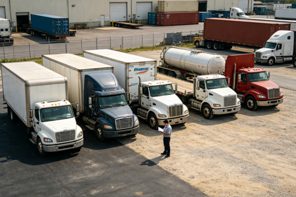 Choosing a freight truck based on the actual transportation application can help businesses avoid unnecessary equipment costs and improve long-term operating efficiency. Chinese commercial truck buyer using a freight truck selection checklist while inspecting different truck configurations, maintenance records, payload requirements, and operating costs