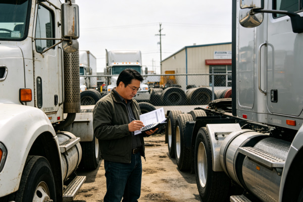 The lender is evaluating both the borrower and the truck being financed. Chinese commercial truck buyer comparing an $80,000 used semi-truck and a $200,000 newer semi-truck while reviewing financing terms