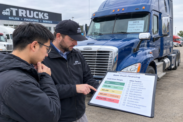 Your credit score is important, but it is only one part of a semi-truck financing application Chinese commercial truck buyer discussing semi-truck financing and credit requirements with a salesperson beside a used Class 8 truck in a North American truck dealership