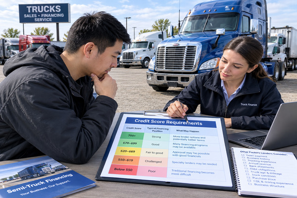 The same credit score can produce different financing results depending on the buyer, truck, business, and lender Chinese truck buyer reviewing a financing application showing different credit score ranges while standing next to a used semi-truck