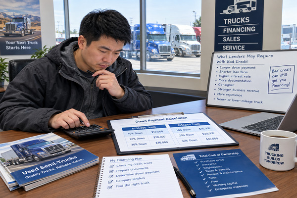 The best down payment is not necessarily the largest possible down payment—it is one that balances financing approval with sufficient business cash reserves Chinese trucking business owner calculating a 10%, 20%, and 30% down payment for a used semi-truck at a dealership office