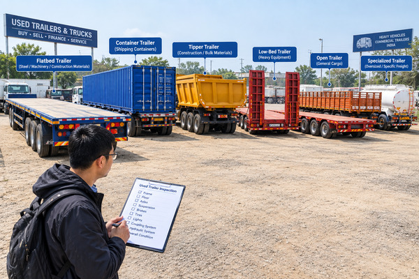 *Do not compare the price of a trailer body directly with the price of a complete tractor-trailer truck. Used trailer bodies and semi-trailers of different configurations parked in an Indian commercial equipment yard
