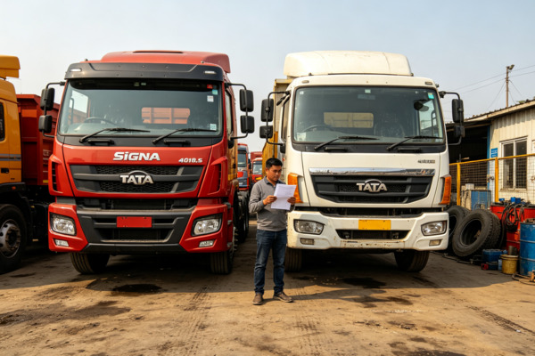 The right trailer should be selected according to the cargo rather than simply the lowest purchase price. Chinese buyer inspecting different used trailer configurations including flatbed, container, tipper, and low-bed trailers in India