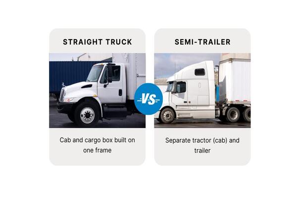Side-by-side comparison of a straight truck carrying cargo and a truck tractor pulling a separate semi-trailer