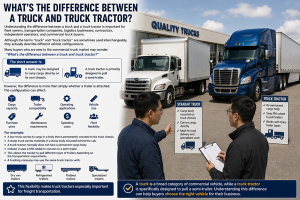 Chinese commercial truck buyer comparing a straight truck and truck tractor with semi-trailer at a North American truck dealership