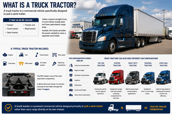 Truck tractor with sleeper cab and fifth wheel connected to a semi-trailer in a North American commercial truck yard